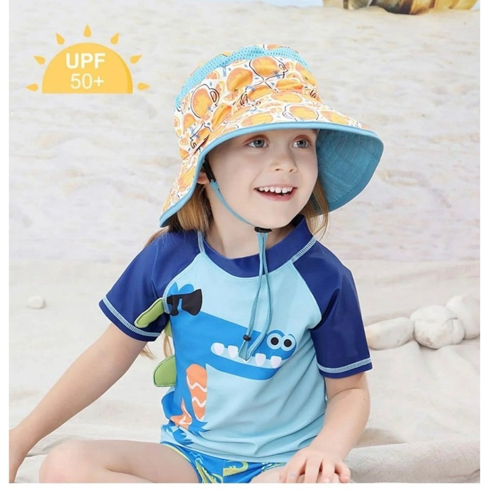 Meek era Baby‎ Sun Hat UPF 50+ Orange Print Wide Brim Beach Hat with Neck Flap
